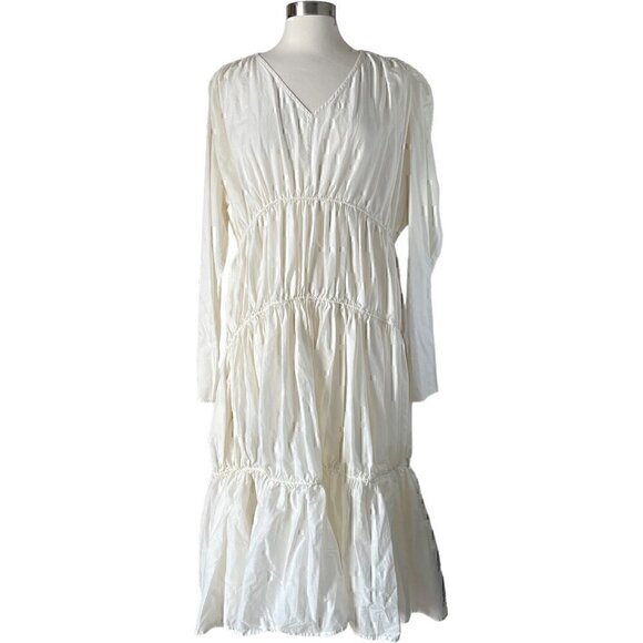 Merlette Ophelia Tiered Long Sleeve Dress Cream Cotton Poplin Size L - Picture 2 of 8